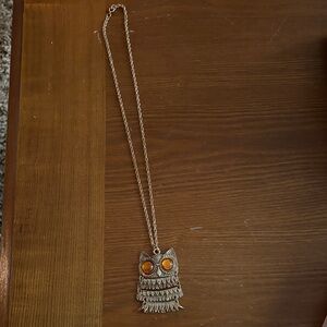 Owl Pendant Necklace with Amber Eyes